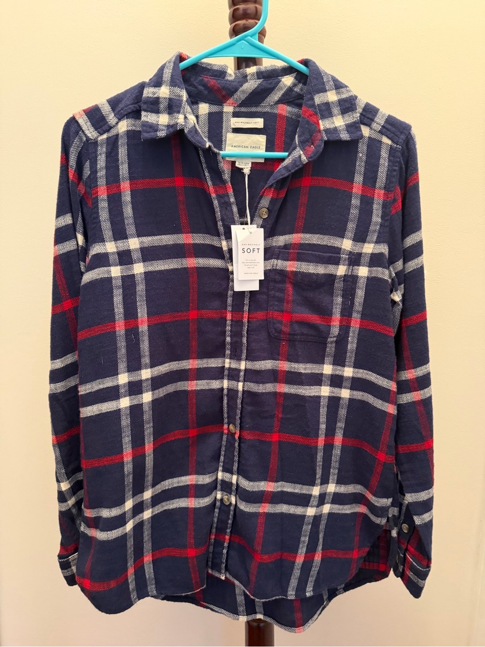 American Eagle Outfitters Navy, Red & White Plaid Button-Down Shirt